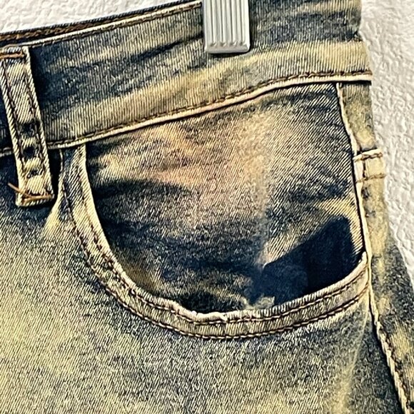 AMERICAN BAZI Denim Mini Skirt Cargo Pockets Over-dyed Distressed Blue Size L - Picture 6 of 13
